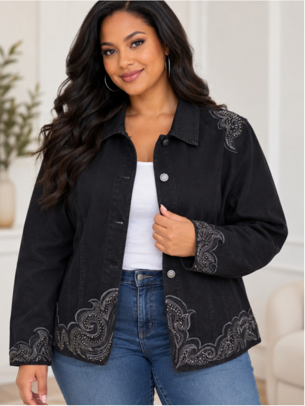 Chico's Black Jean Jacket with Silver Embellishments, Women's Size 3X_L